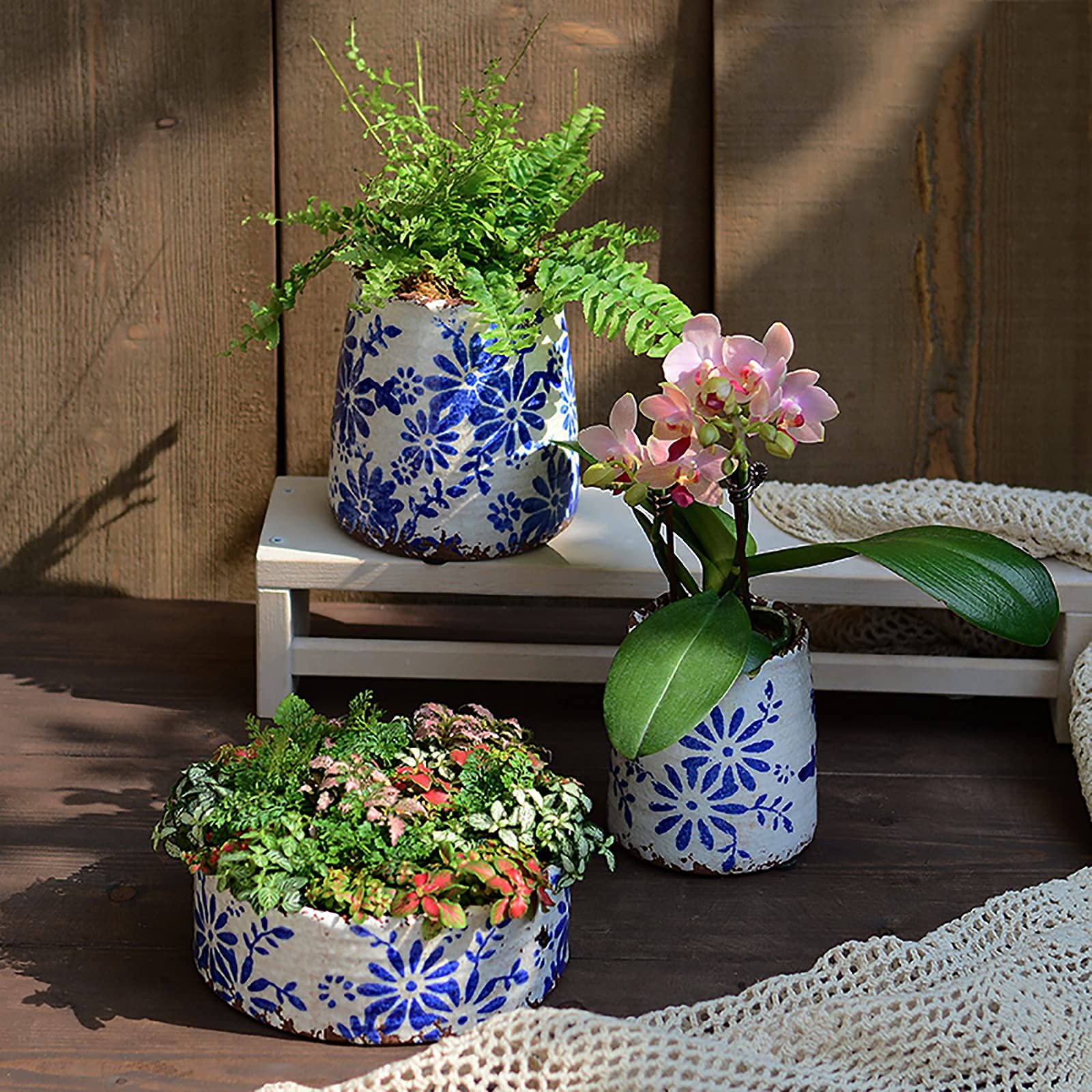 Amazon.co.jp: ヴィンテージの青と白の磁器の植木鉢、排水付きの中国風